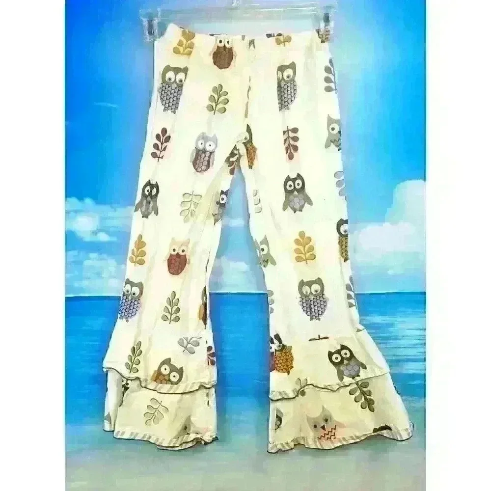 ANN LOREN Girls IVORY Ruffled PJ Pants OWL Print Lounge Pajama Bottoms size 9/10